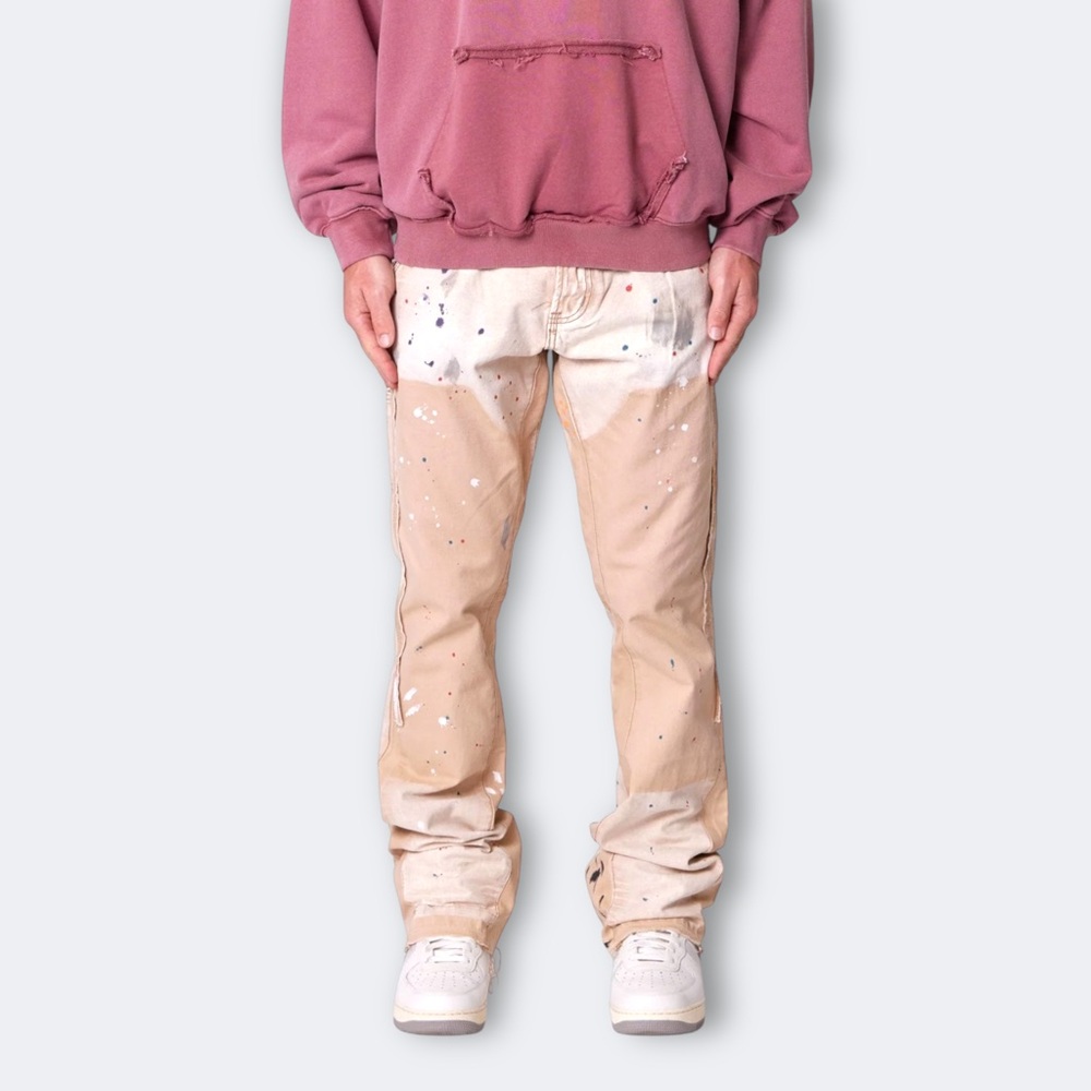 MNML NWOTs Flare Denim Pants - Khaki with Paint Splatter | B243 | Size 34